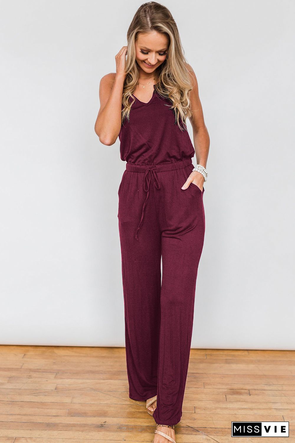 Wine Red Split Neck Drawstring Waist Sleeveless Jumpsuit