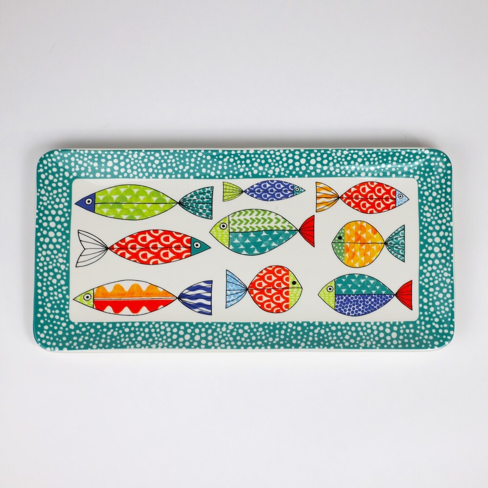 Euro Ceramica FreshCatch Multicolor Ceramic 15 inch Rectangular Tray   14.5 x7.09 x 0.98