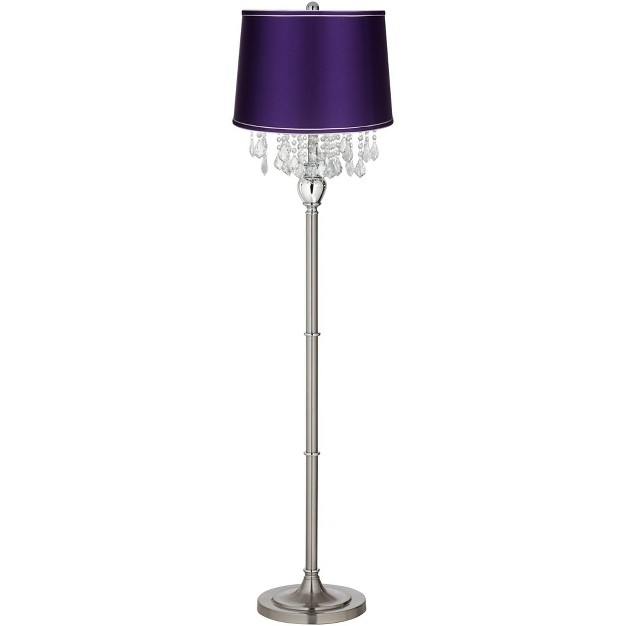 Tall Brushed Nickel Silver Crystals Dark Purple Satin Drum Shade For Living Room Bedroom Office House