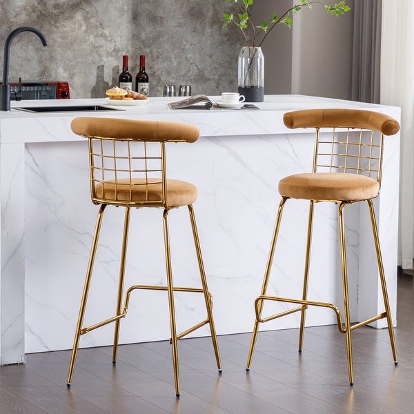 2Pcs Velvet Upholstered Bar Stools with Metal Legs and Soft Back