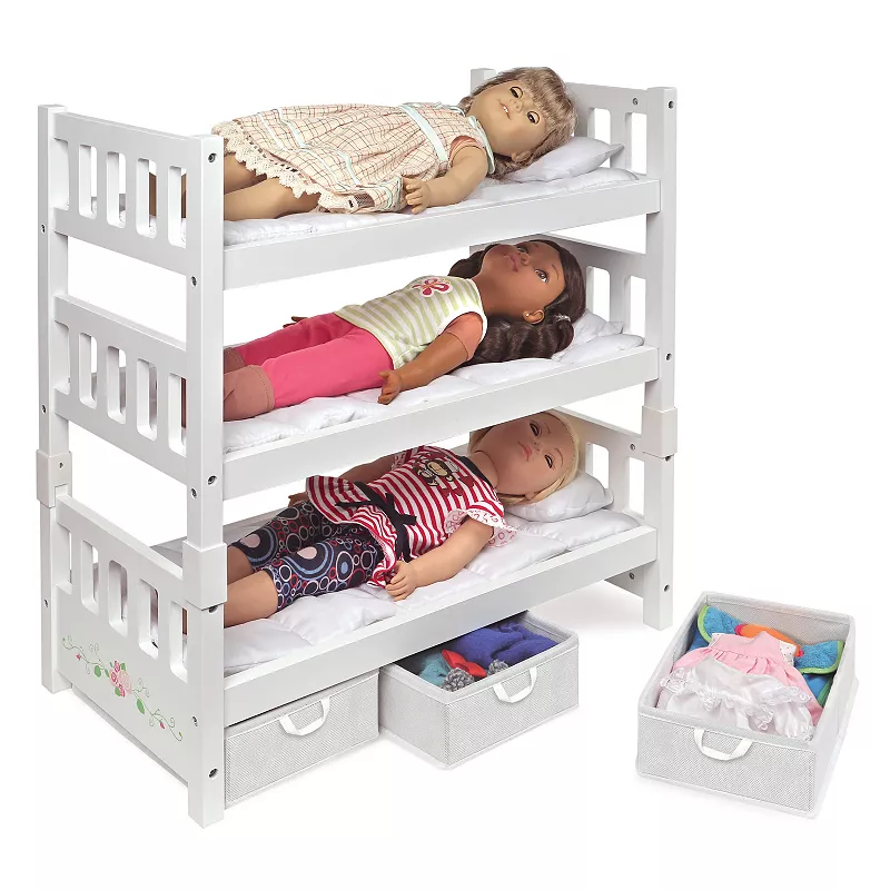 Badger Basket White Rose 1-2-3 Convertible Doll Bunk Bed with Storage Baskets