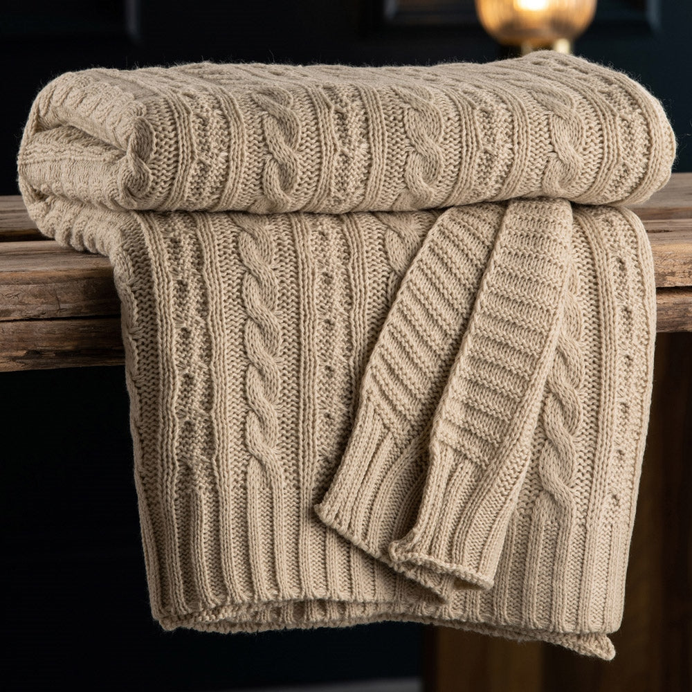 Galway Crystal Aran Knit Throw - Warm Grey