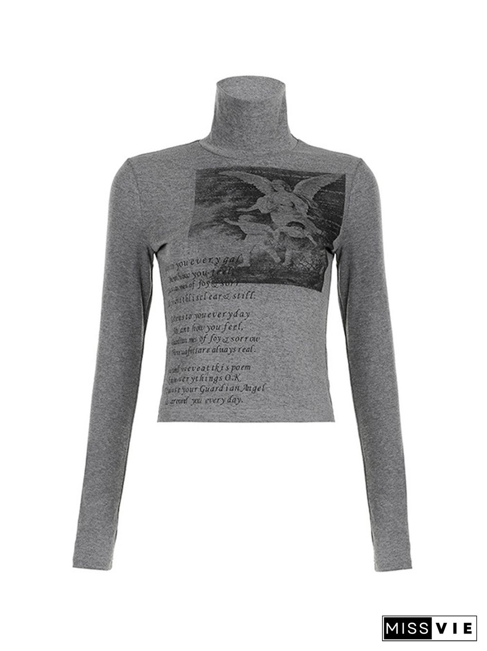 Vintage Cherub Print Turtleneck Slim Long Sleeve Tee