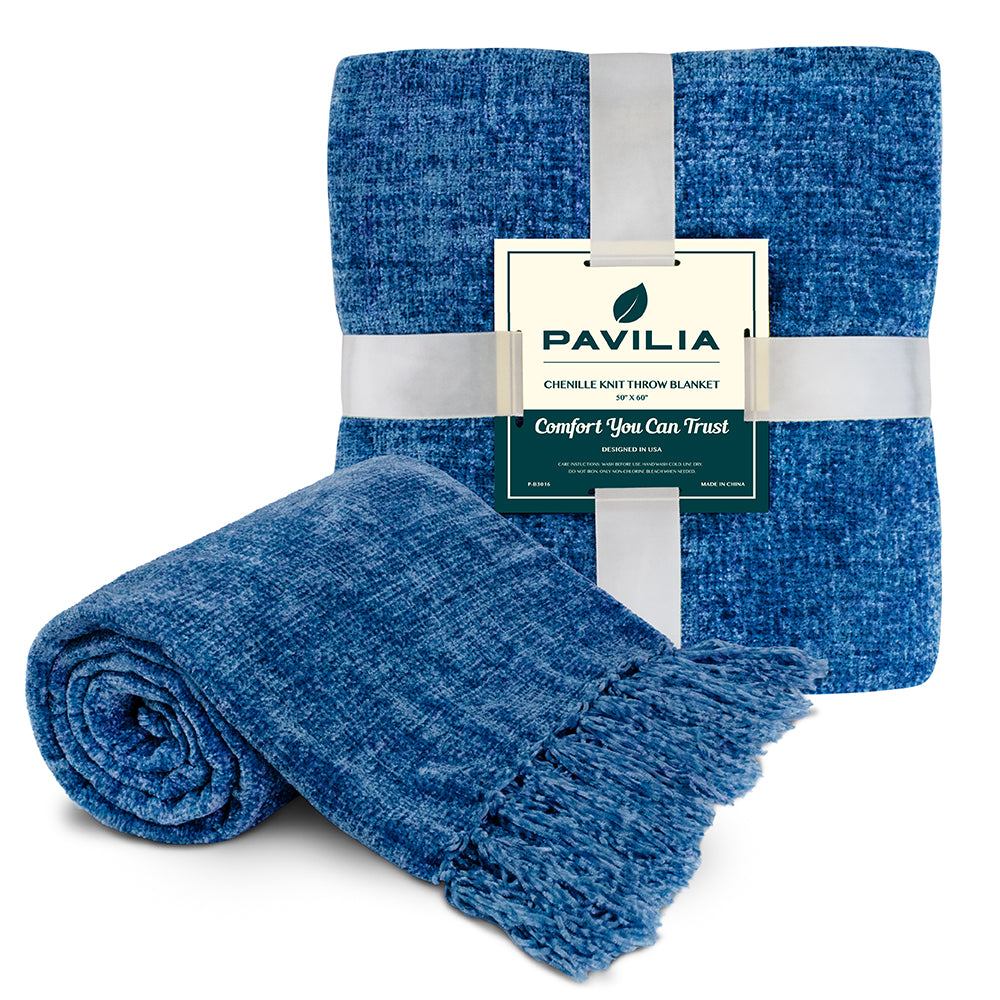 PAVILIA Chenille Tassel Fringe Throw Blanket | Velvety Textured Decorative Knit Throw for Sofa Couch Bed | Soft Boho Woven Cozy Lightweight Knitted Throw | Blue 50 x 60 Inches