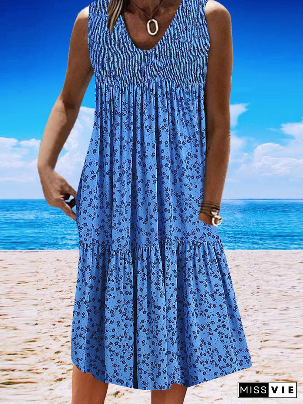 Women's Blue Sleeveless V-neck Graphic Floral Printed Midi Dress