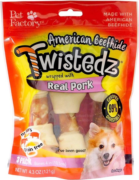 Pet Factory Twistedz 4 to 5-inch Beefhide Bones with Pork Flavored Wrap Dog Hard Chews， 3 count