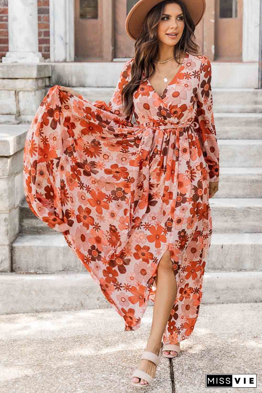 Orange Floral V-Neck Long Sleeve Belted Maxi Dress