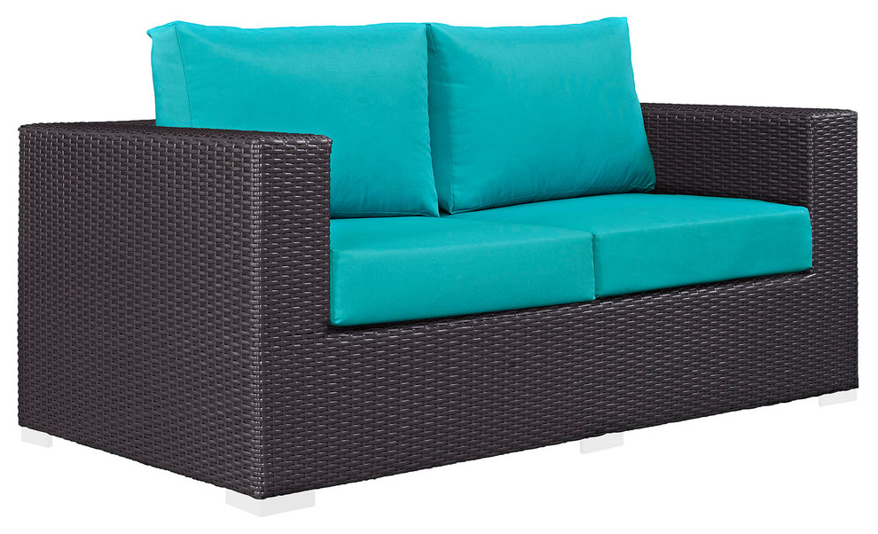 Convene 8 Piece Outdoor Patio Sofa Set  Espresso Turquoise   Tropical   Outdoor Sofas   by Kolibri Decor  Houzz