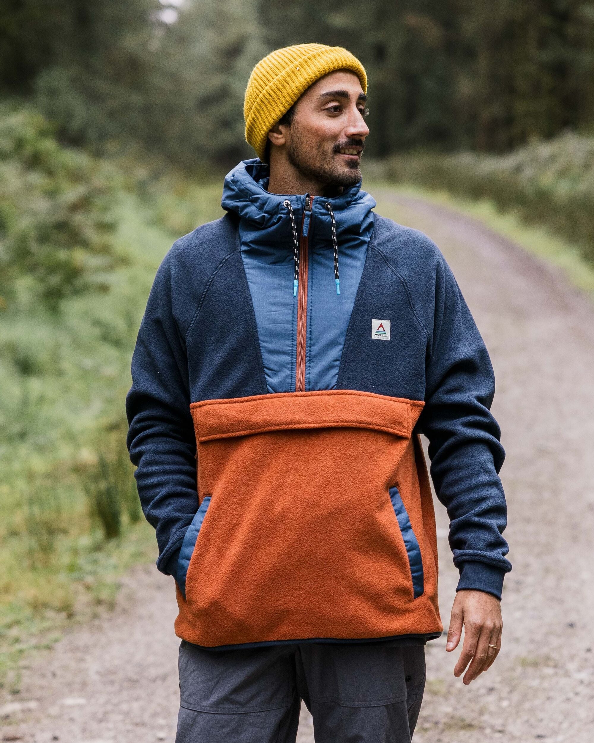 Woodland Hooded 1/2 Zip Recycled Polar Fleece - Deep Navy/Baked Clay