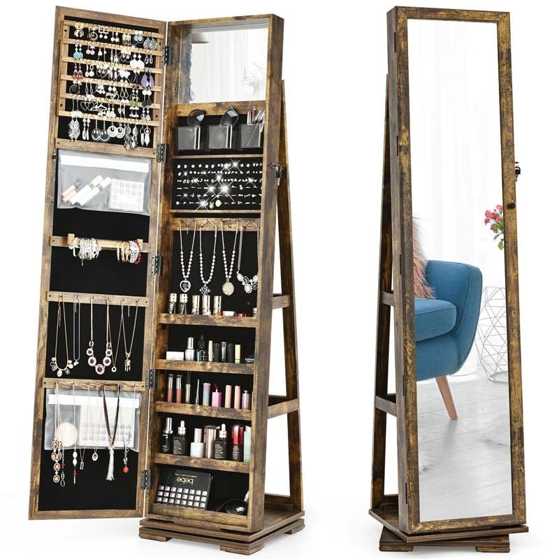 360 Rotating Jewelry Armoire with Higher Full Length Mirror, 3-in-1 Freestanding Lockable Jewelry Cabinet Organizer