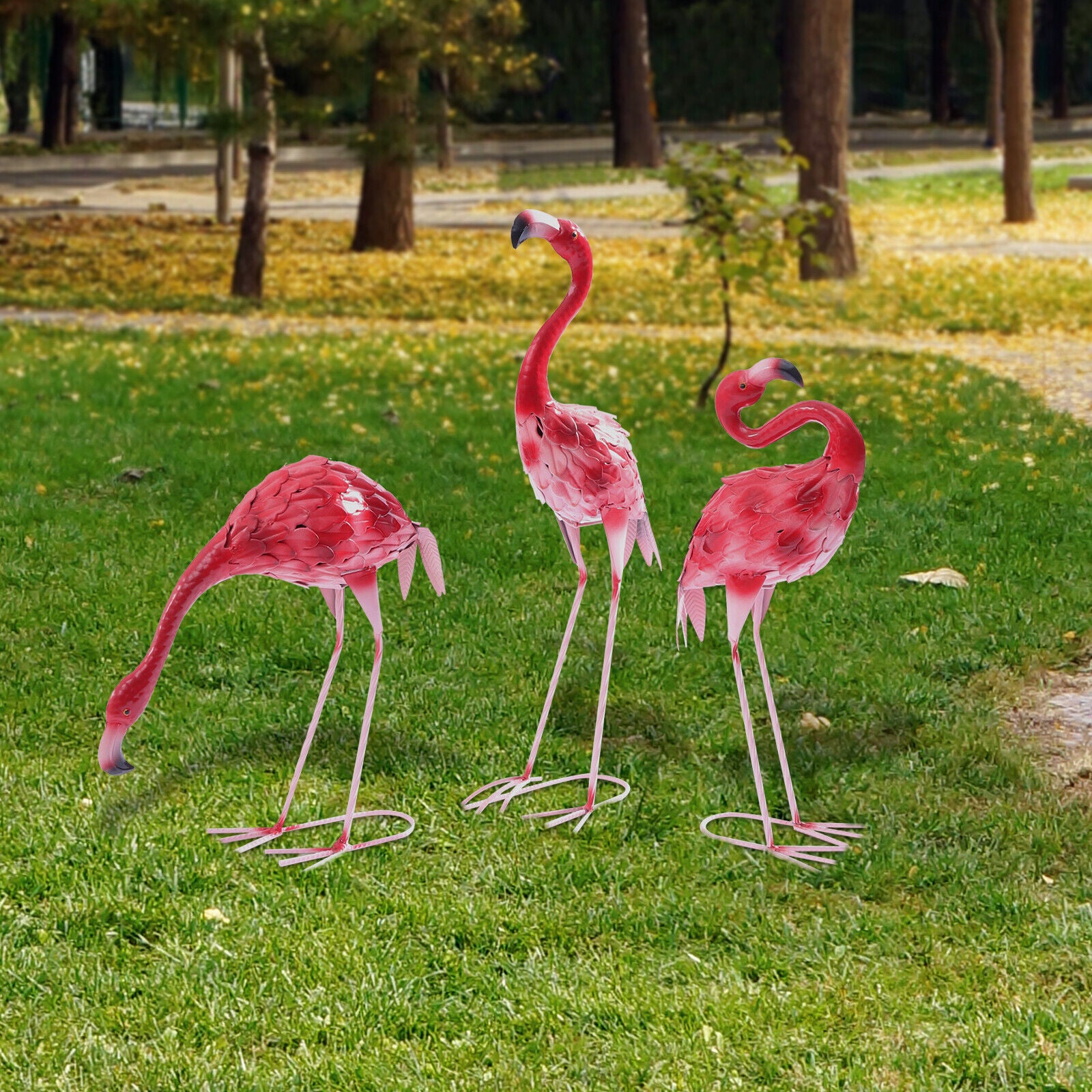 Flamingo Garden Statue Metal Sculpture Pink Animal Yard Art 3Pcs Modern Detachable Metal Vintage Garden Lawn Yard Flamingo Outdoor Statue Creative Three Little Flamingo Garden Iron