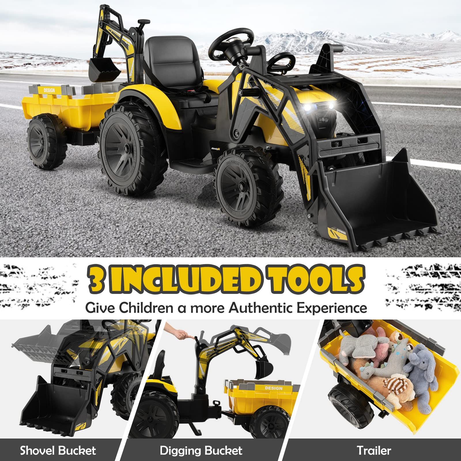 Costzon 3 in 1 Ride on Tractor, Excavator & Bulldozer, 12V Battery Powered Electric Vehicle w/ Trailer