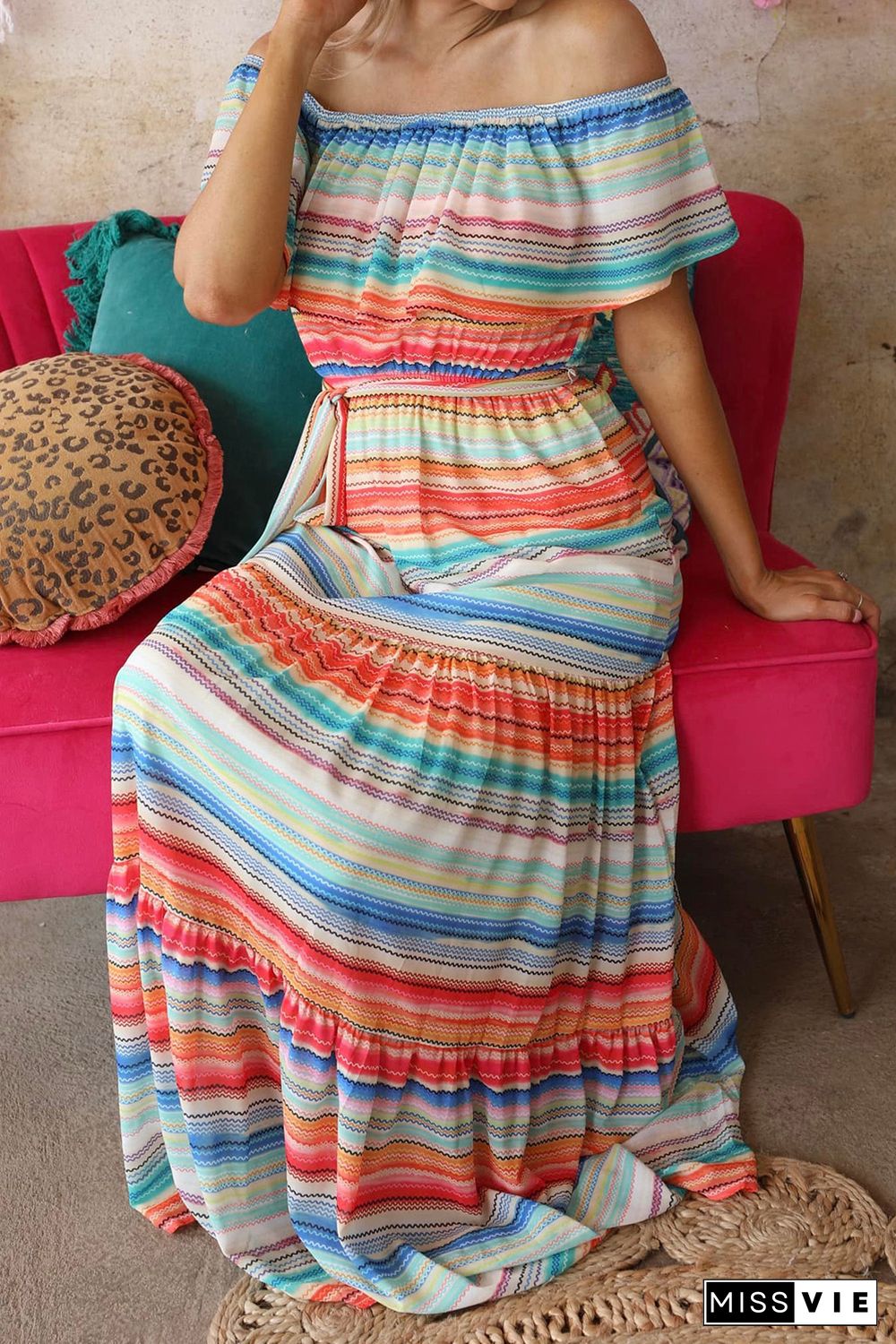 Stripe Print Lace-up Ruffled Off Shoulder Maxi Dress