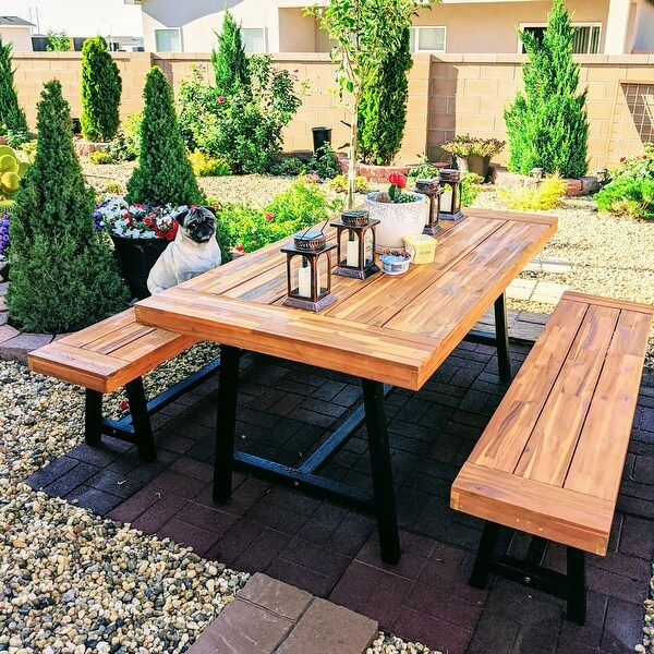 MAISON ARTS 3PCS Outdoor Patio Dining Table Set Acacia Wood with 1 Rectangular Picnic Coffee Table and 2 Benches