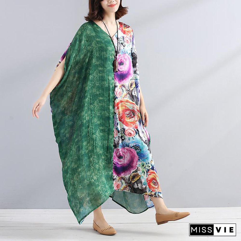 Women chiffon Robes Fitted V Neck Splicing Short Sleeves Printed Women Summer Dress