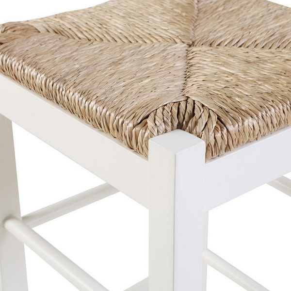 Square Wooden Frame Counter Stool with Hand Woven Rush， White and Brown