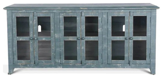 70 quotDistressed Sea Glass Blue TV Stand With Glass Doors   Farmhouse   Entertainment Centers And Tv Stands   by Sideboards and Things  Houzz