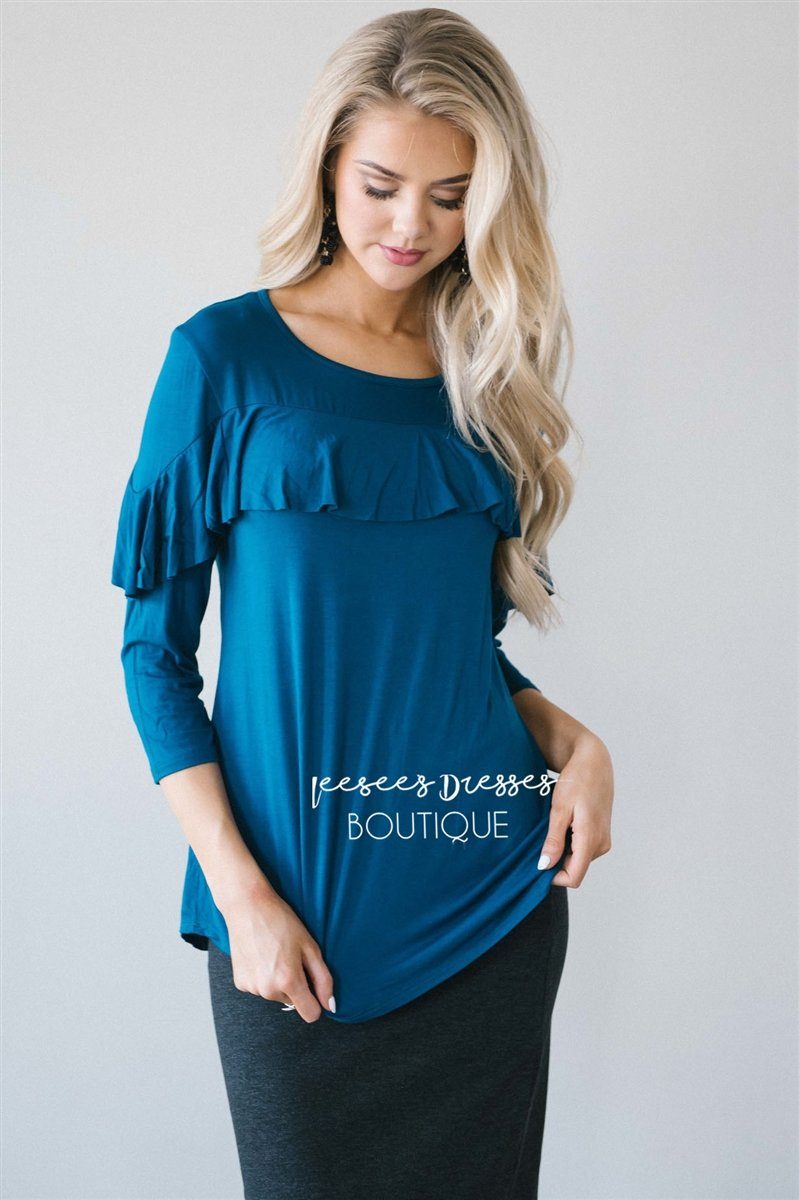 Ruffle Front Detail 3/4 Length Sleeve Top