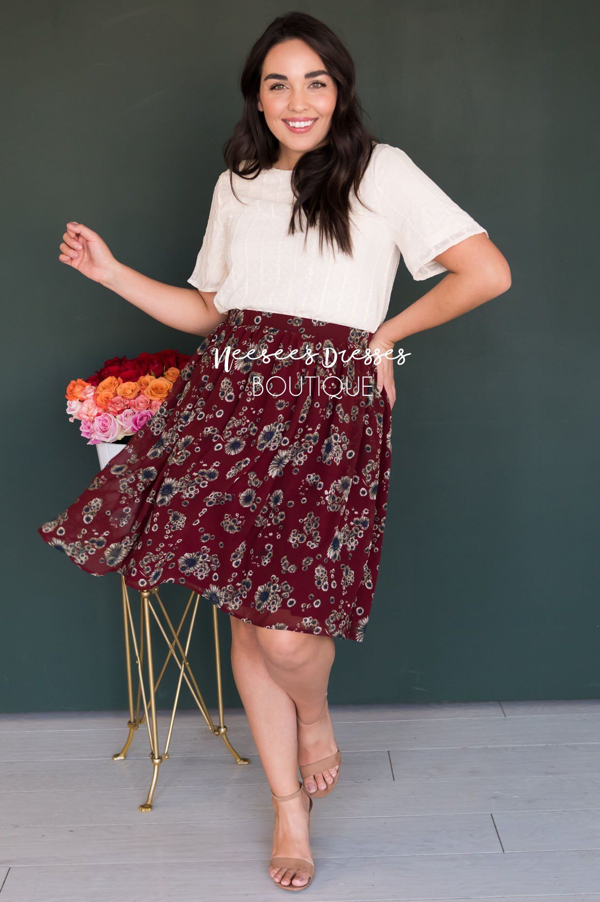 Burgundy Cluster Floral Chiffon Skirt