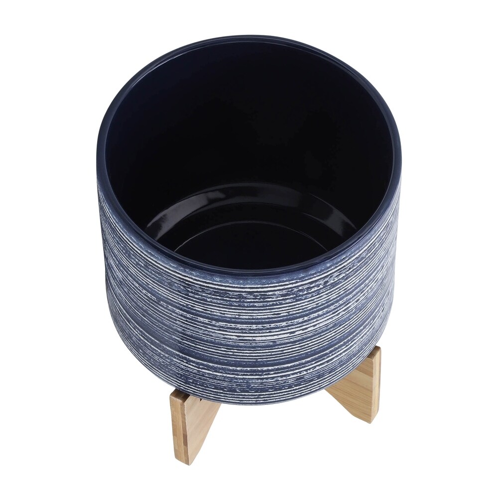 Blue with White Stripes Handmade Ceramic Planter with Wood Stand   9.75\