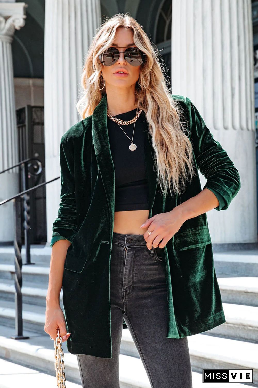 Green Casual Pocketed Velvet Blazer