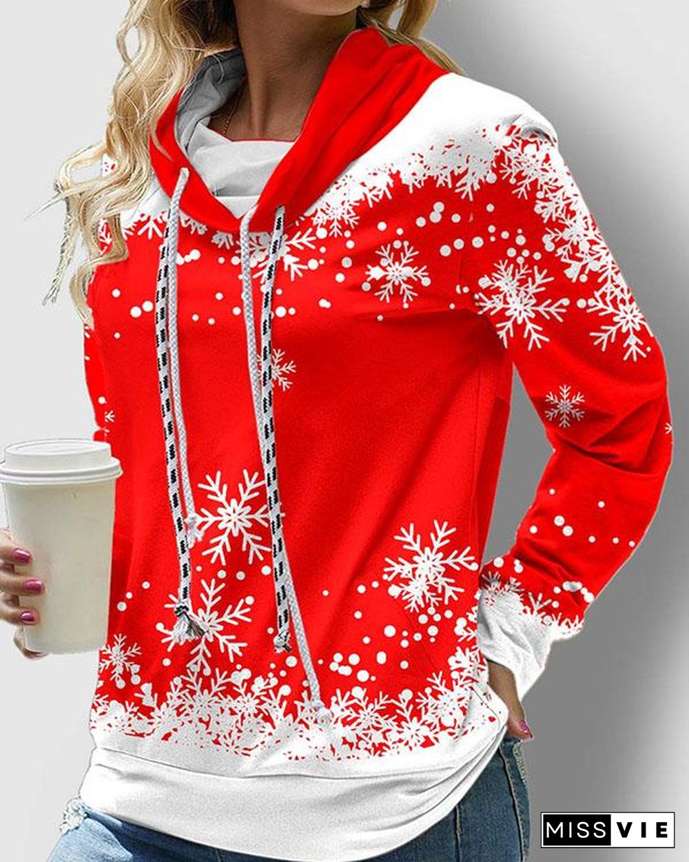 Drawstring Christmas Snowflake Print 4 Colors Sweatshirt