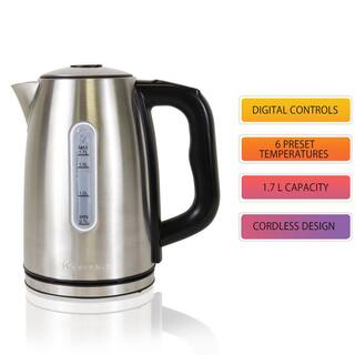 KENMORE 1.7L Cordless 6-Cup Electric Kettle in Silver with 6 Temperature Pre-Sets Stainless Steel Tea Kettle KKTK1.7S-D