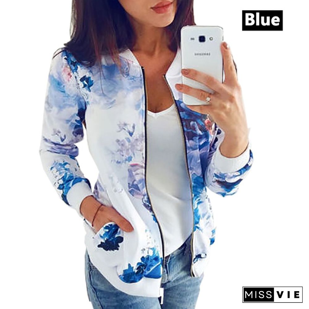 New Spring Aturmn Fashion Womens Retro Floral Zipper Bomber Jacket Baseball Casual Coat Female Tops Plus Size S-5XL