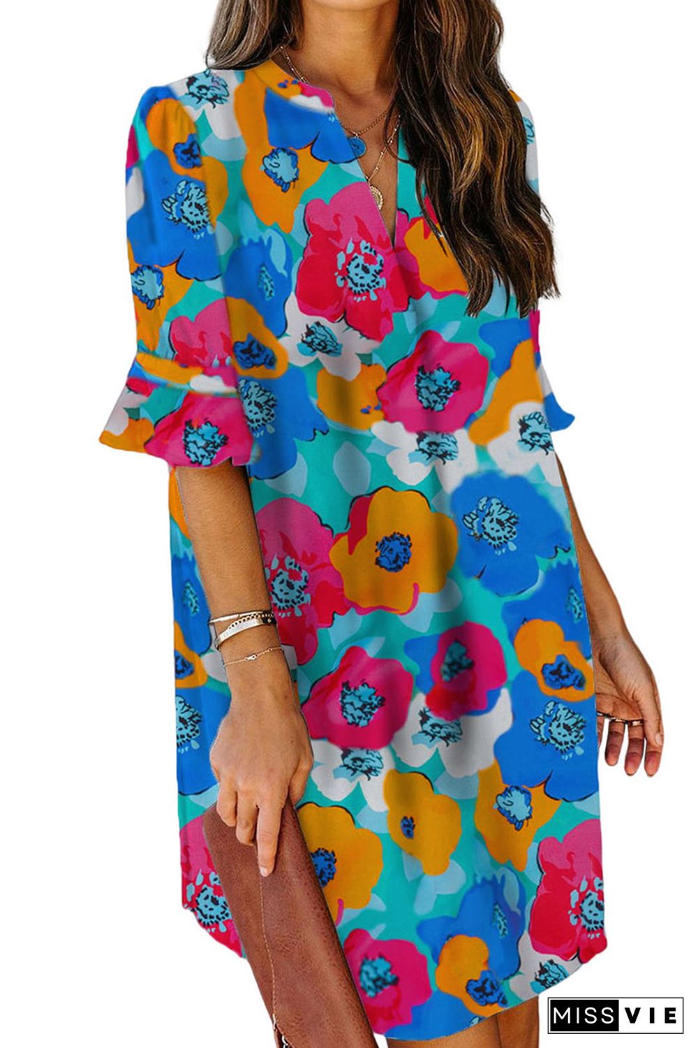 Multicolor Split V Collar Ruffle Sleeve Floral Shift Dress