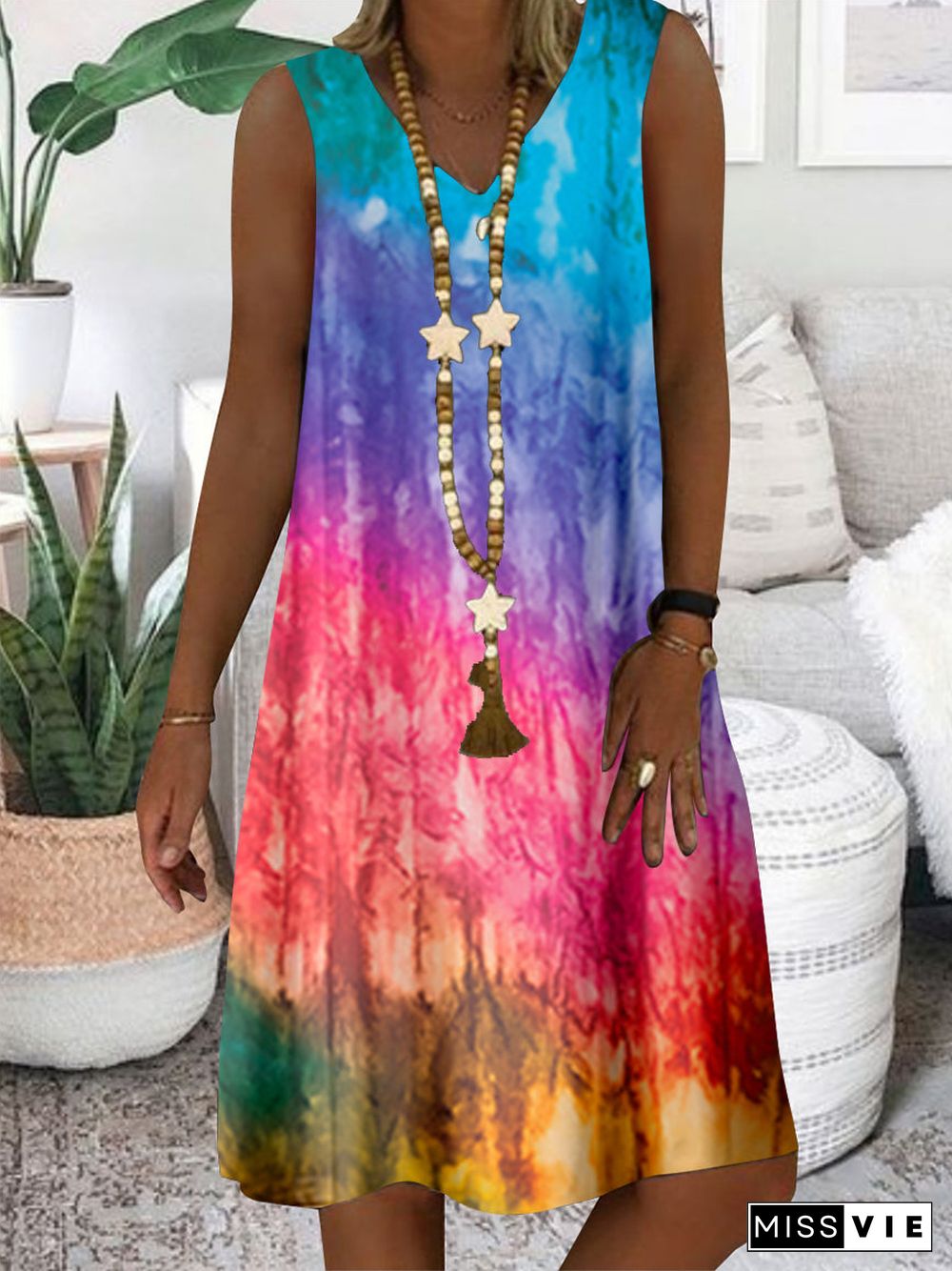 Women Colorful Sleeveless V-neck Colorblock Midi Dress