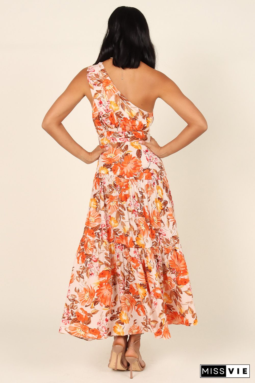 Orange Floral Print Pleated One Shoulder High Waist Maxi Dress