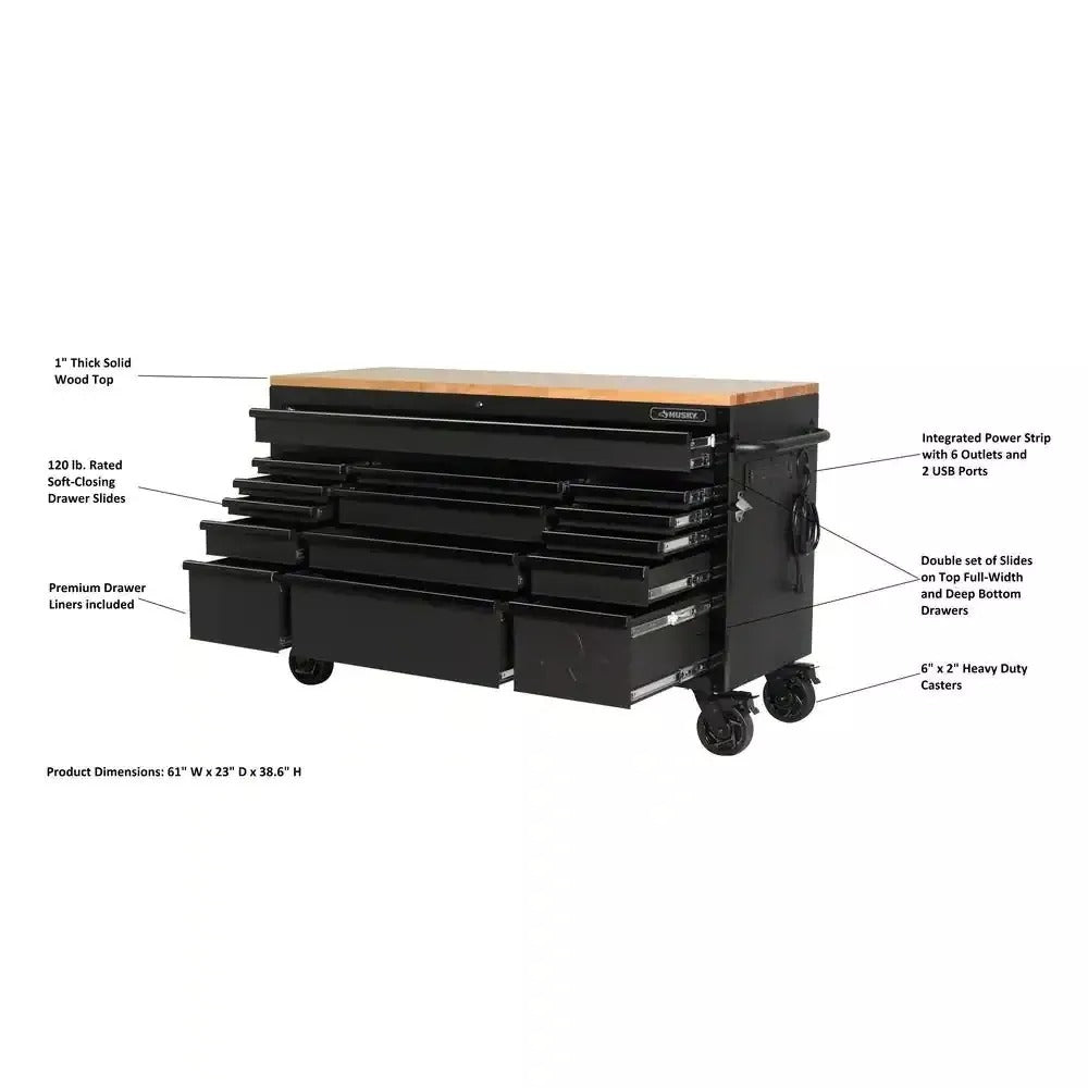 Heavy Duty 61 in. W x 23 in. D 15-Drawer Mobile Workbench with Solid Wood Top