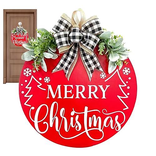 Merry Christmas Door Sign - Wooden Christmas Wreath with Buffalo Plaid Bow，Anti-Fade Bright Welcome