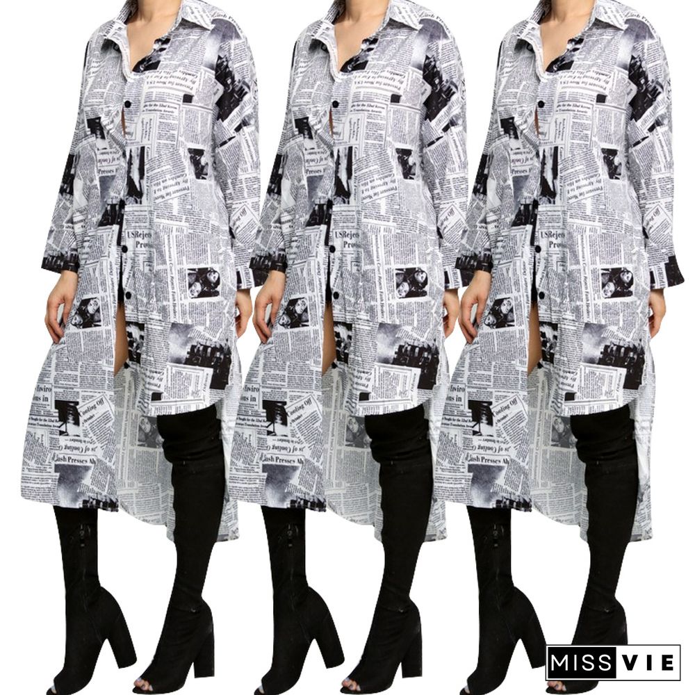 Asymmetric Newspaper Print Casual Shirt Dress