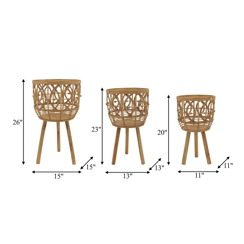 Natural Bamboo Handwoven Planters on Wood Tripod (Set of 3)