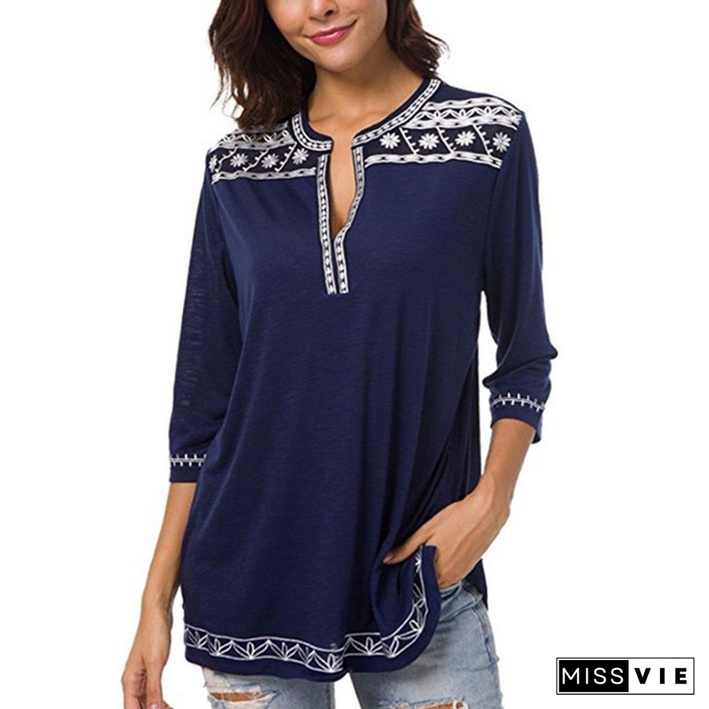 Women's V-neck Printed T-shirt Spring and Autumn Casual Nine-Sleeve Pullover Ladies Elegant Top