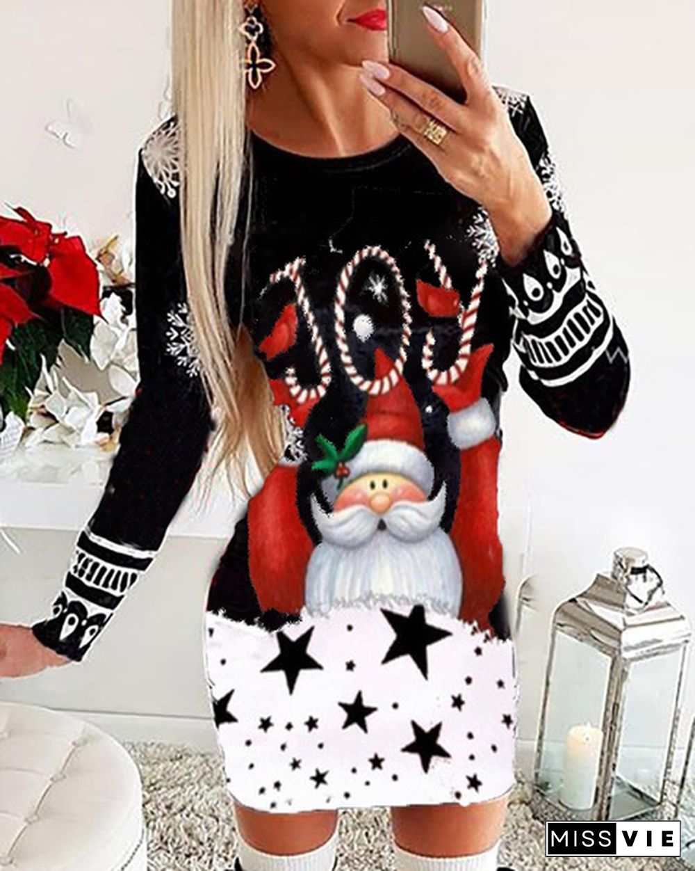 New Women's Fashion Christmas Santa Claus Printing Long Sleeve Dress