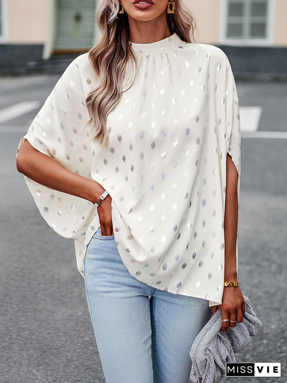 Loose Bandage Polka Dot Round-Neck Blouses&Shirts Tops