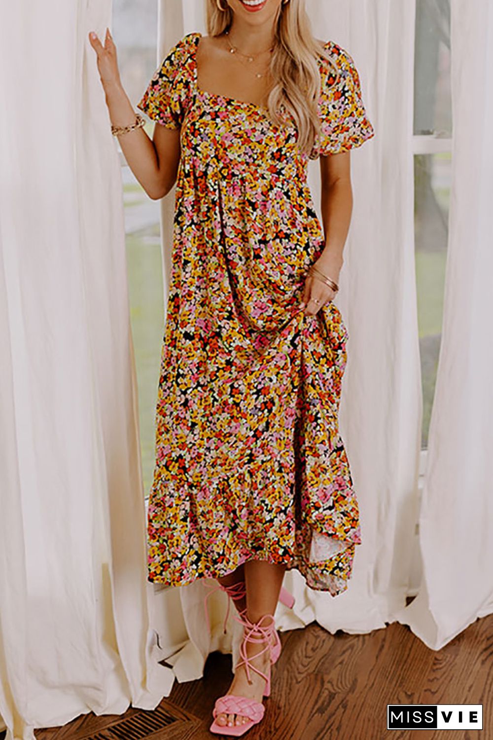 Yellow Puff Sleeve Square Neck Open Back Floral Midi Dress