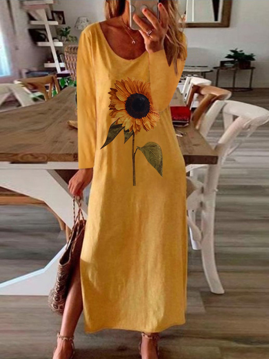 Sunflower Plant Printed Side Slit Long Sleeve Maxi Dress