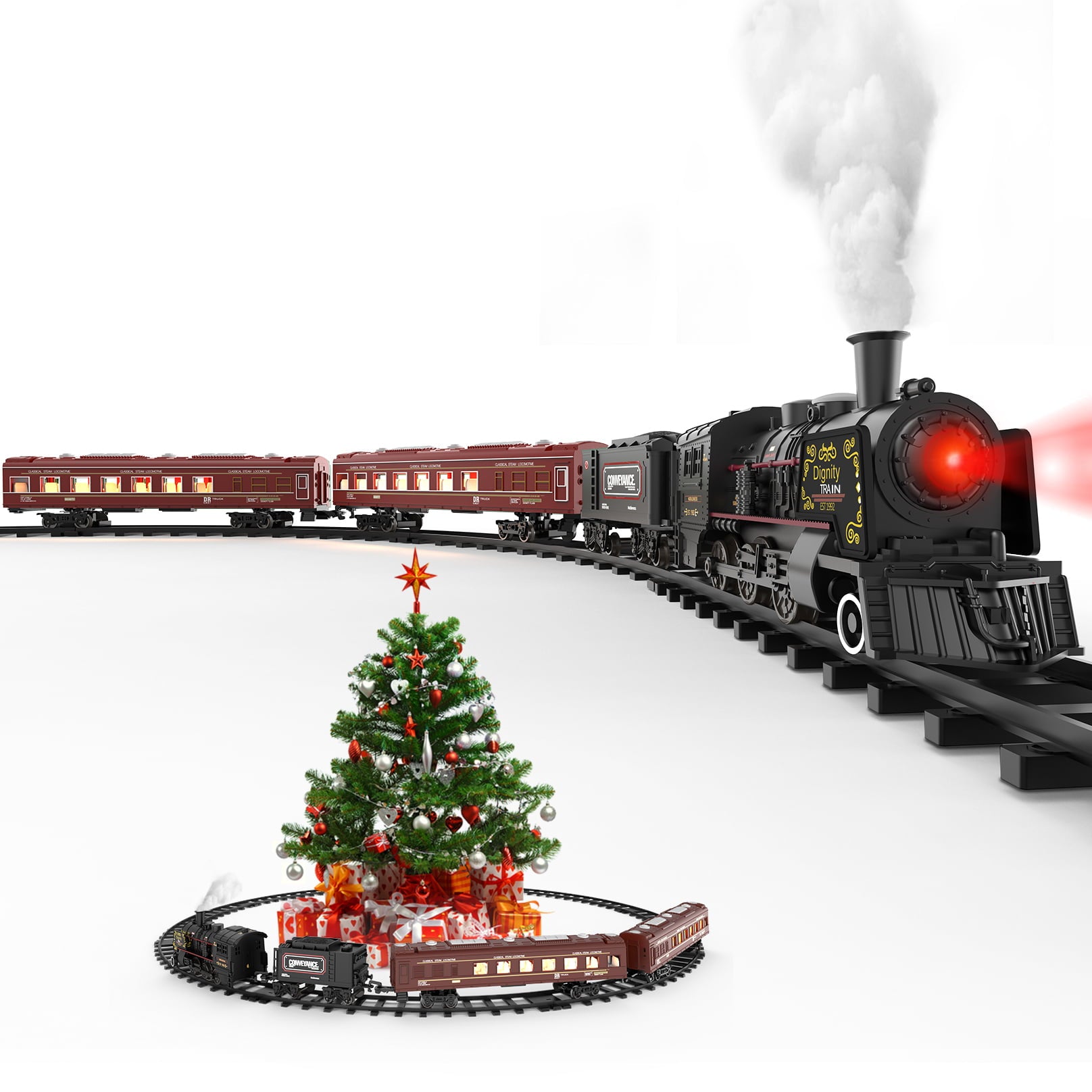 Hot Bee Model Train Set for Boys - Metal Alloy Electric Trains w/ Steam Locomotive，Passenger Carriages and Tracks，Train Toys w/ Smoke，Sounds and Lights，Christmas Toys for 3 4 5 6 7+ Years Old Kids