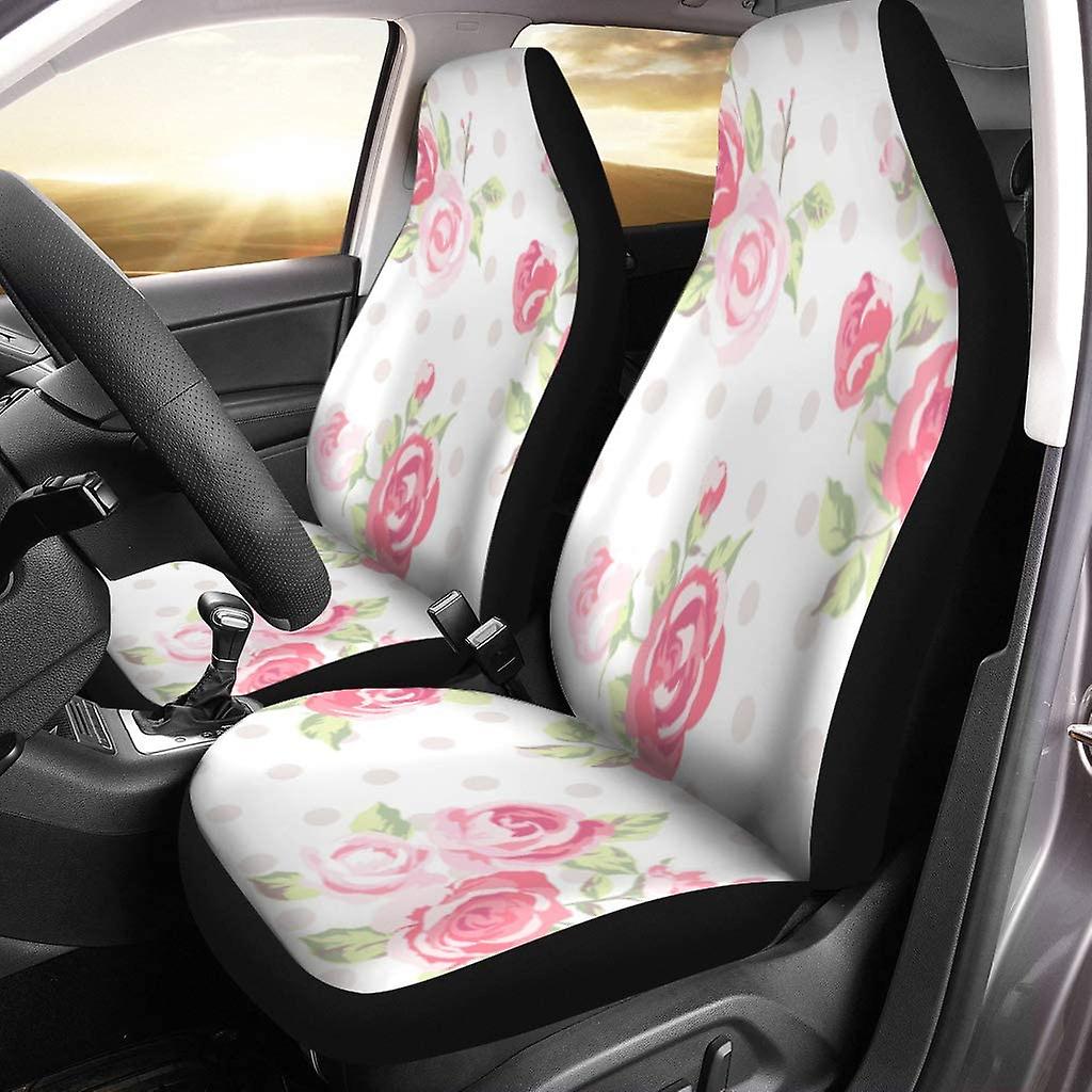 Set Of 2 Car Seat Covers Pink Floral Cute Vintage Rose Flower Pattern Dots Green Universal Auto Front Seats Protector Fits