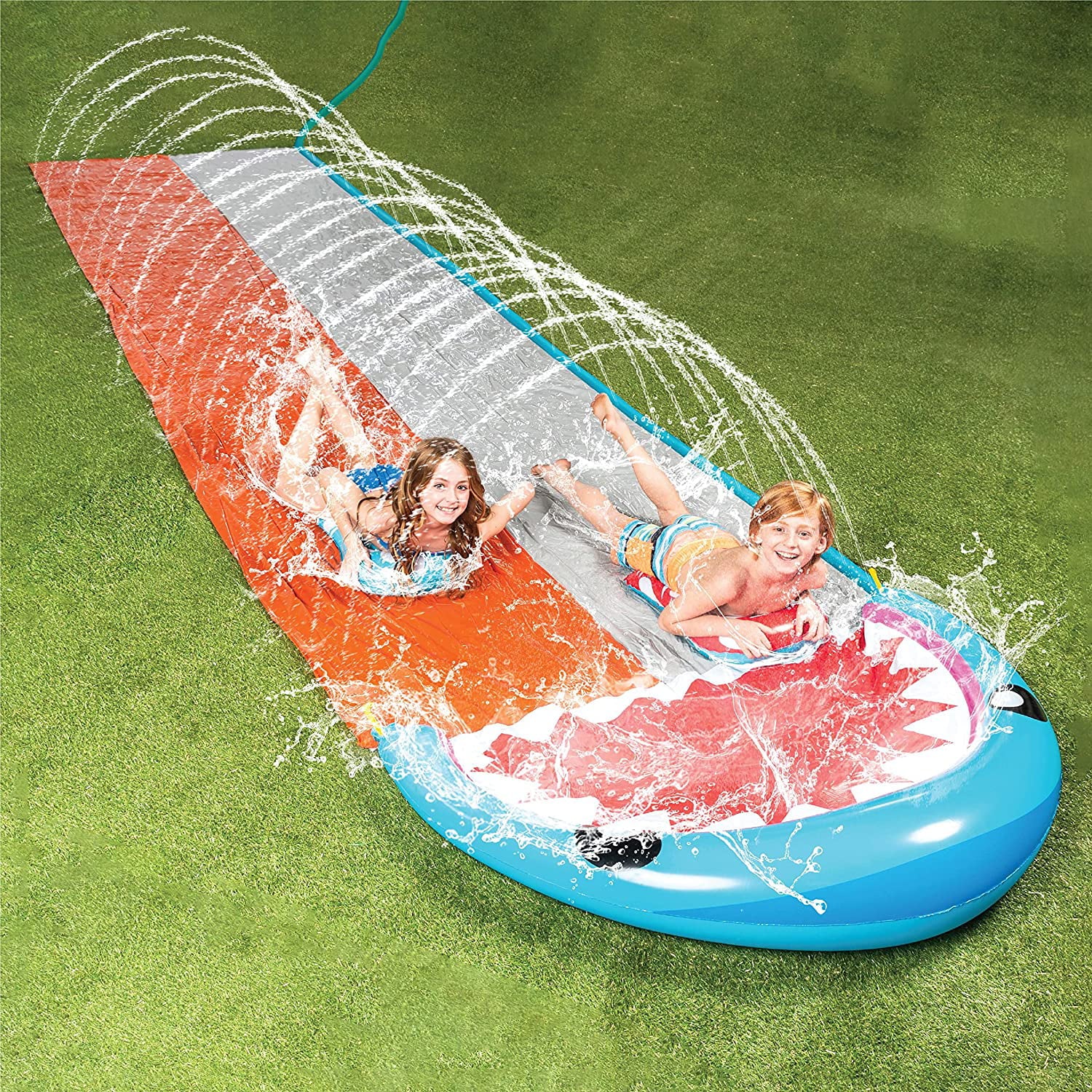 Terra 21ft Slip and Slide 2 Person Deluxe Water Slides with 2 Boogie Boards Waterslide With 2 Sliding Racing Lanes with Sprinklers Summer Entertainment Toy 21ft x 62in, Shark