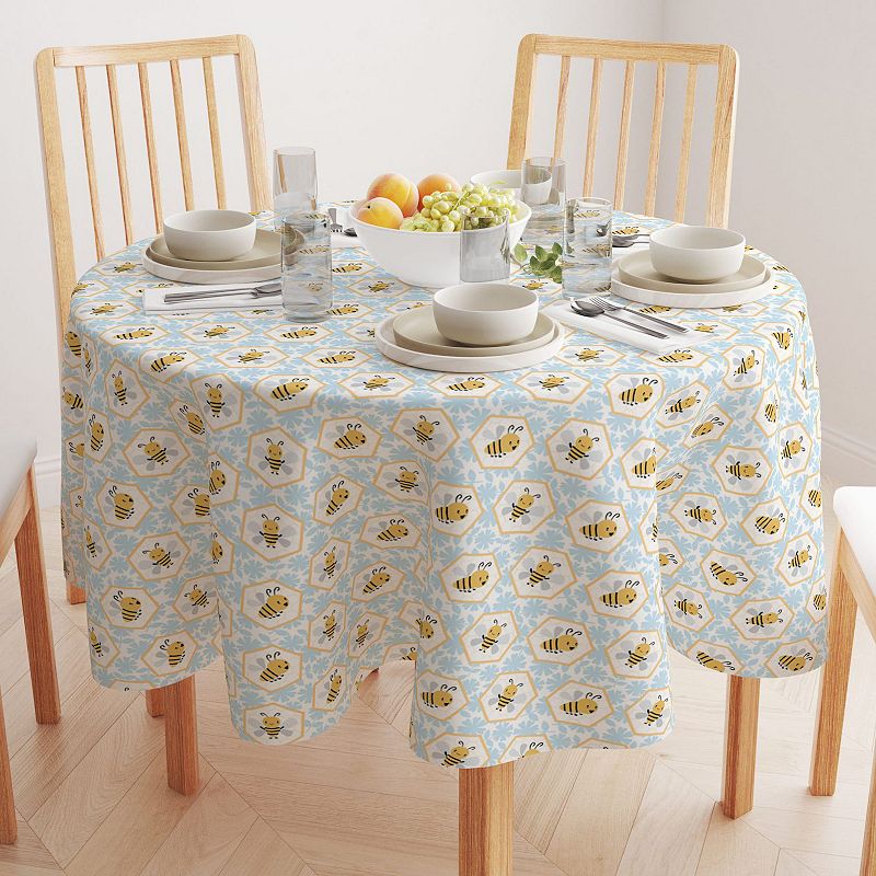 Round Tablecloth， 100% Polyester， 60 Round， Cartoon Honeycomb Bees