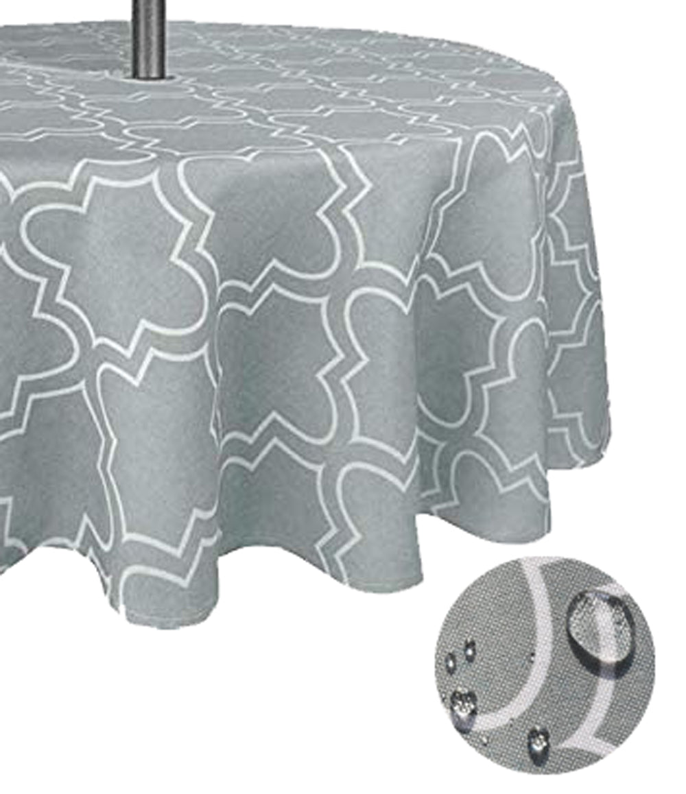 Tektrum 60 inch Round Moroccan Quatrefoil Outdoor Tablecloth with Umbrella Hole and Zipper, Zippered Table Cover - Spill Proof/Waterproof - for Patio Garden Tabletop Decor (Light Grey)