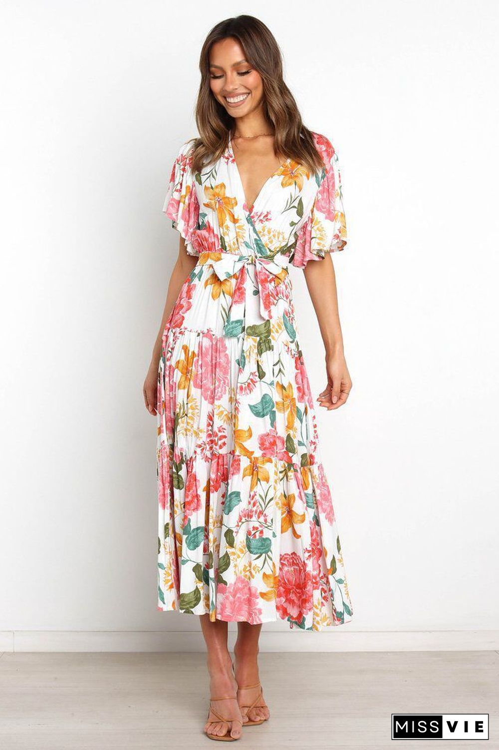 Floral V Neck Short Sleeve Maxi Dress