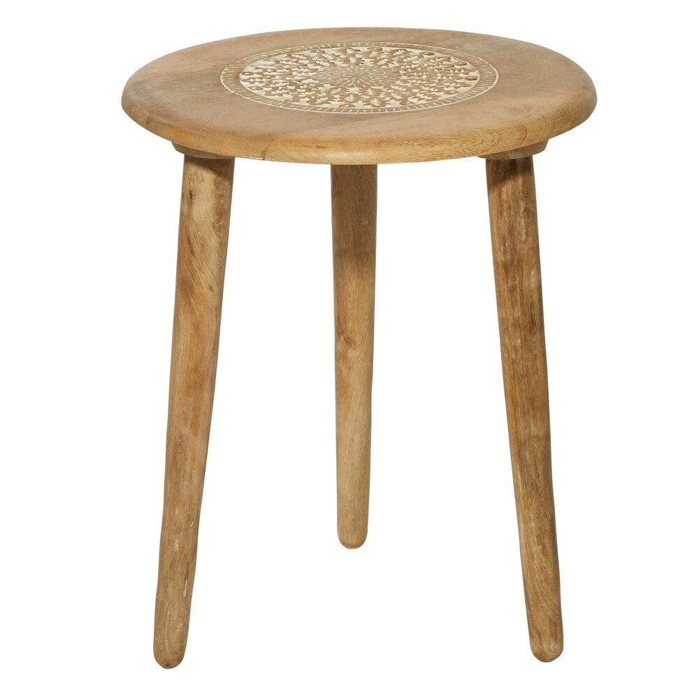 Wood Handmade Intricately Carved Floral Accent Table with 3 Slender Legs