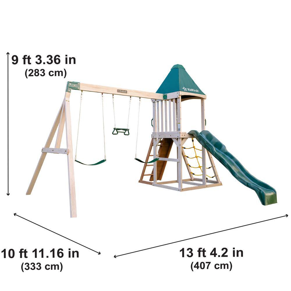 KidKraft Emerald Challenge Wooden Swing SetPlayset with Slide Rope Ladder and 3 Swings F29550E