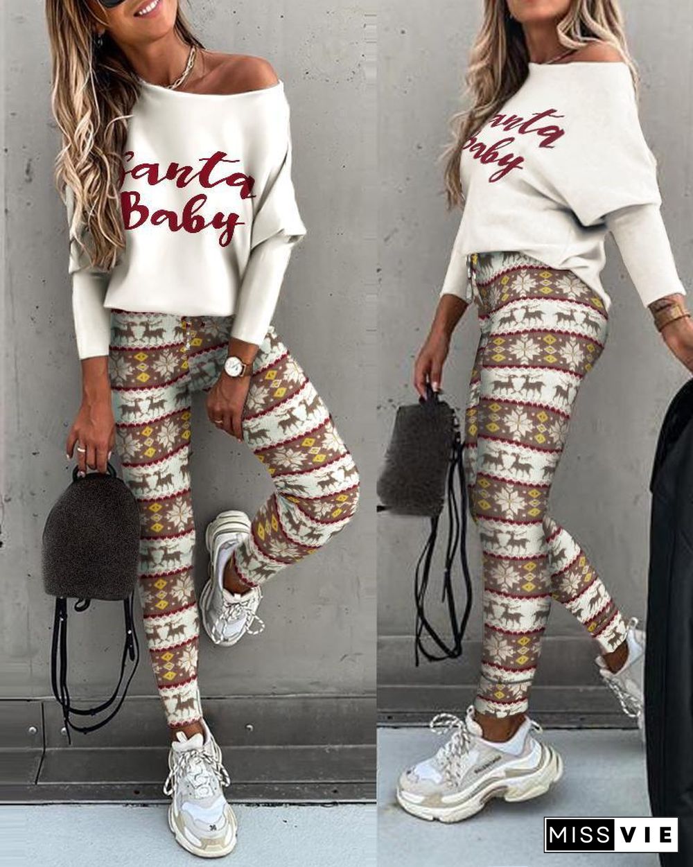 Christmas Letter Print Long Sleeve Top & High Waist Pants Set P10802