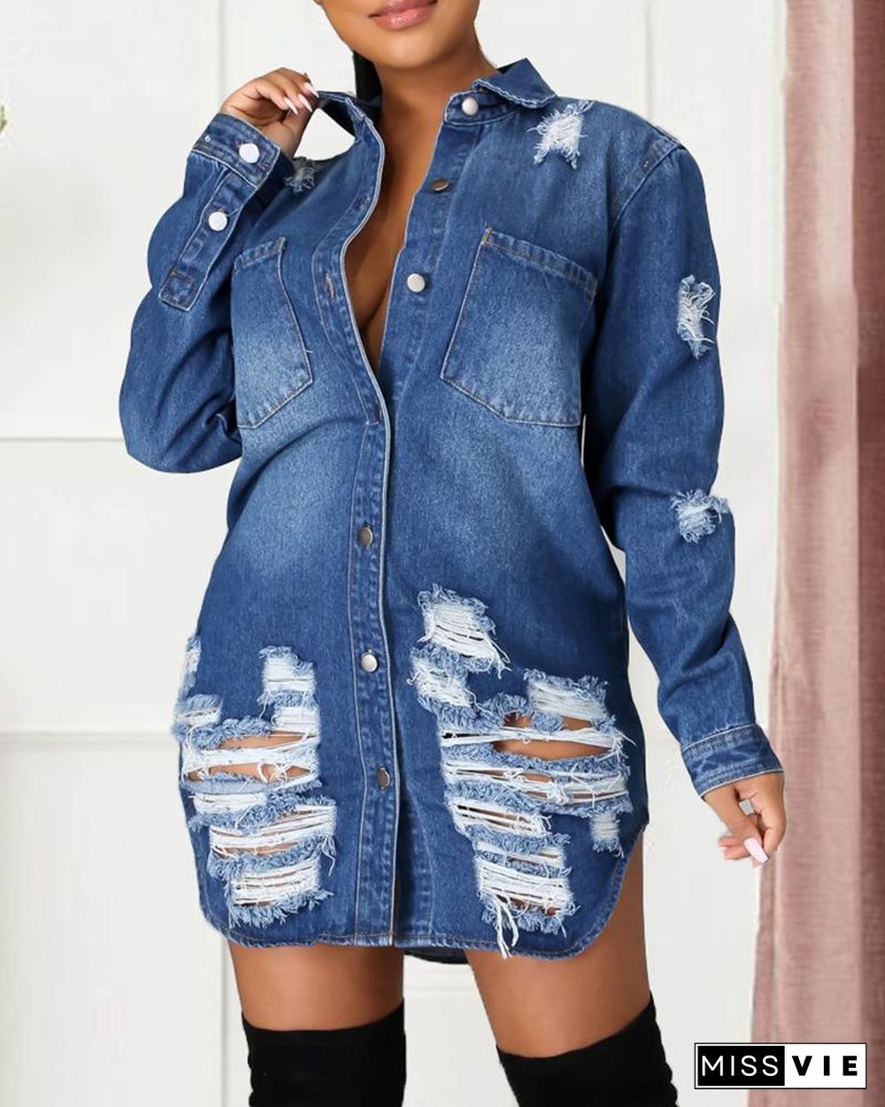 Pocket Design Fringe Hem Cutout Denim Shirt Dress P14085